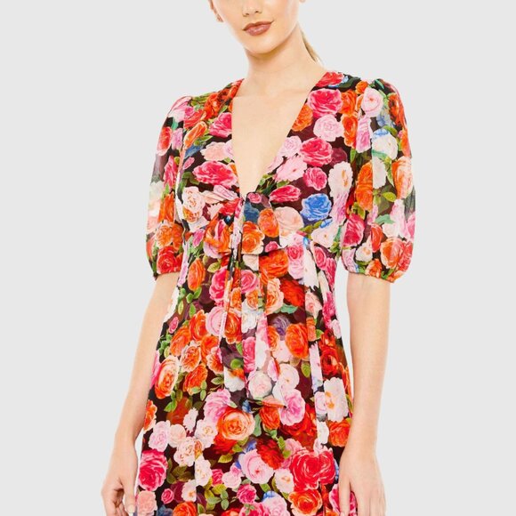 NWT Mac Duggal Multicolor Floral Front Tie Puff Sleeve Flowy Dress 8 #A0541 - Picture 2 of 8